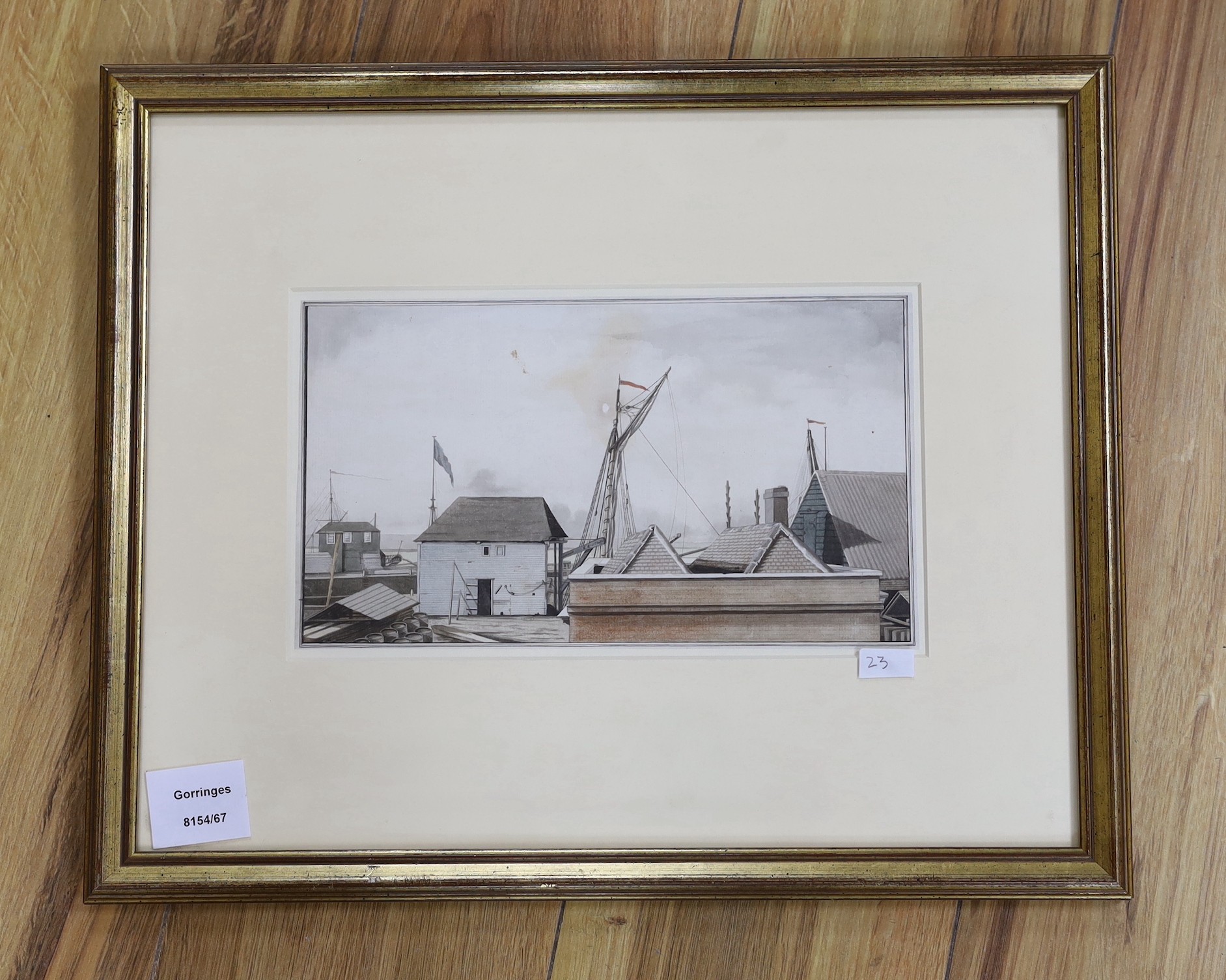 Sir Robert Cleveley (1747-1809), watercolour on laid paper, View of dockyard buildings with masts beyond, provenance label verso, 15 x 25cm